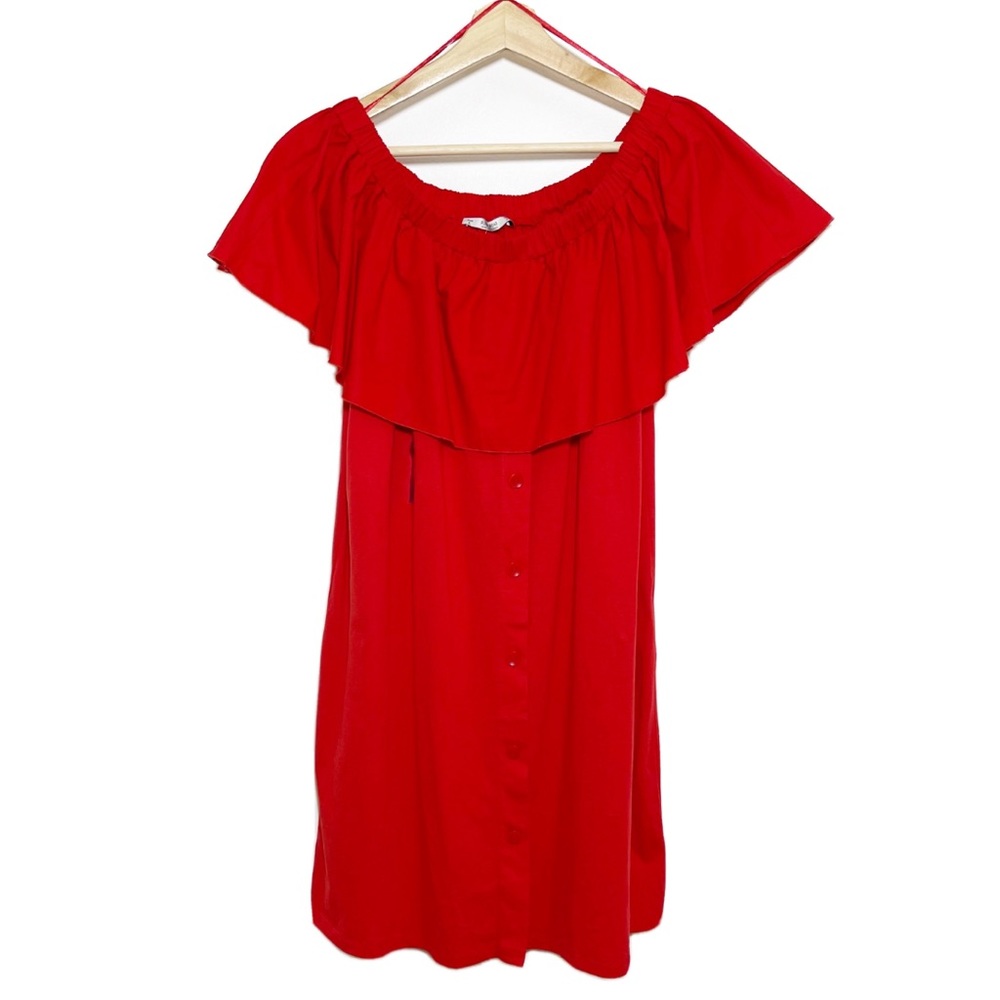 NWT Pull & Bear Off The Shoulder Mini Dress Button Front Red Sz L